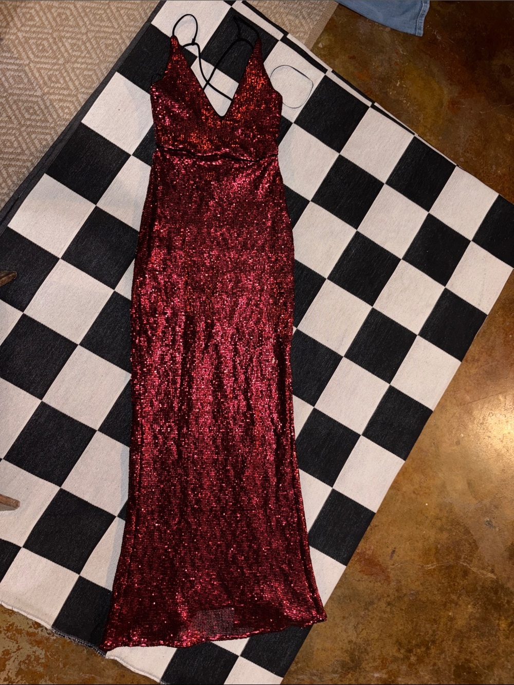 Vintage Y2K ABS Allen Schwartz Red Sequin Formal Dress with Strap Cross Back